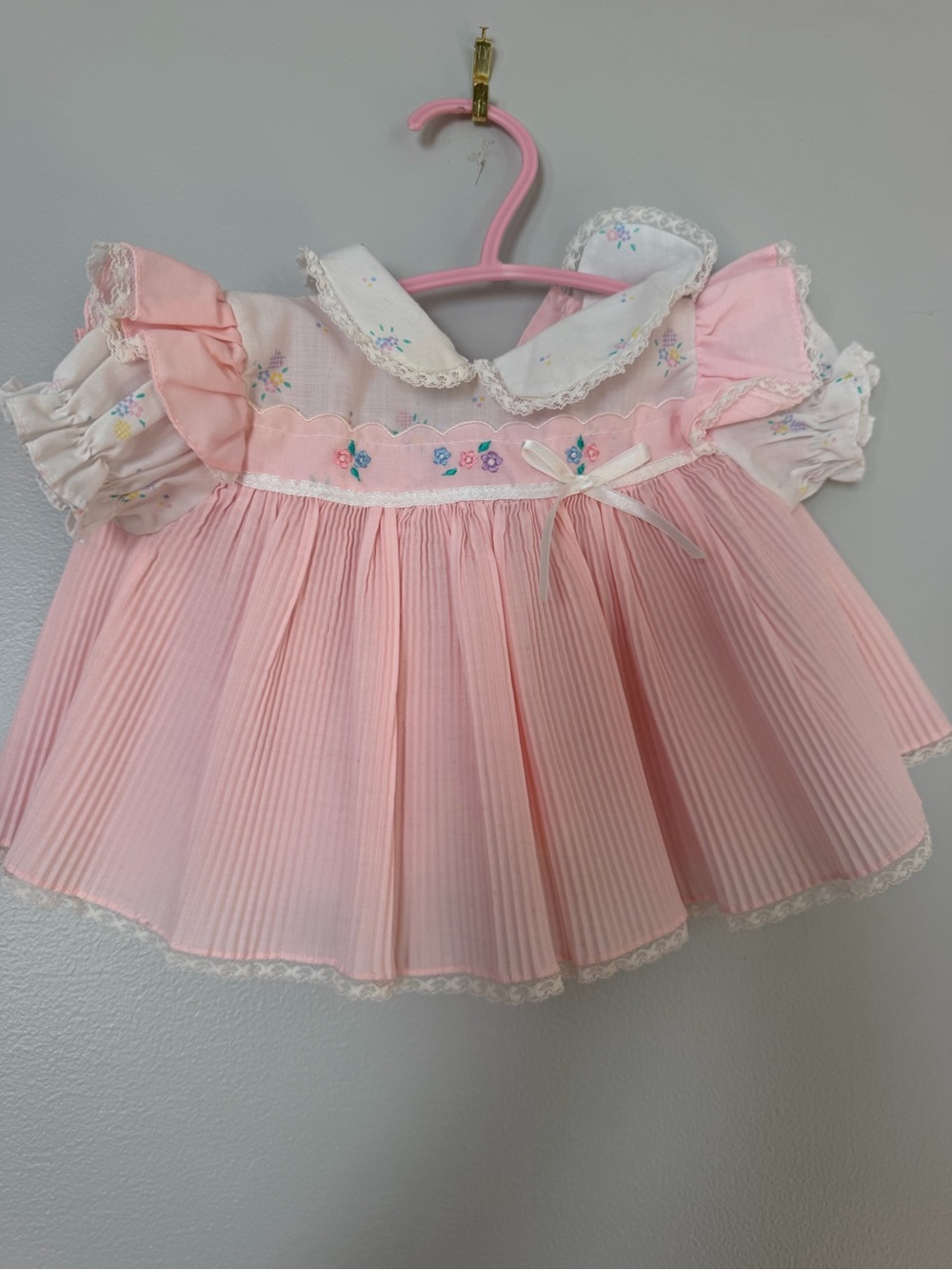 Vintage Pink Pleated Baby Dress with Floral Embroidery